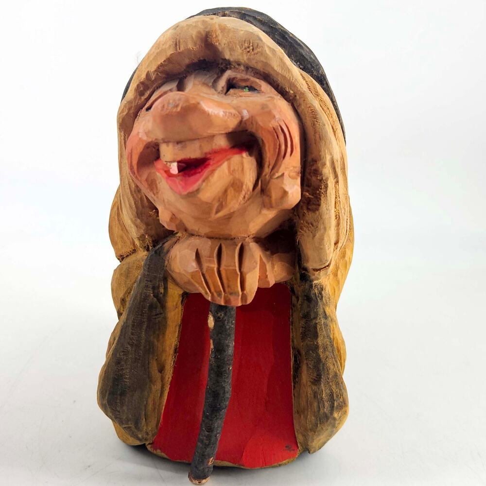 Vintage HENNING Hand Carved Wood TROLL Norwegian NORWAY Old Woman 6.75" Folk Art
